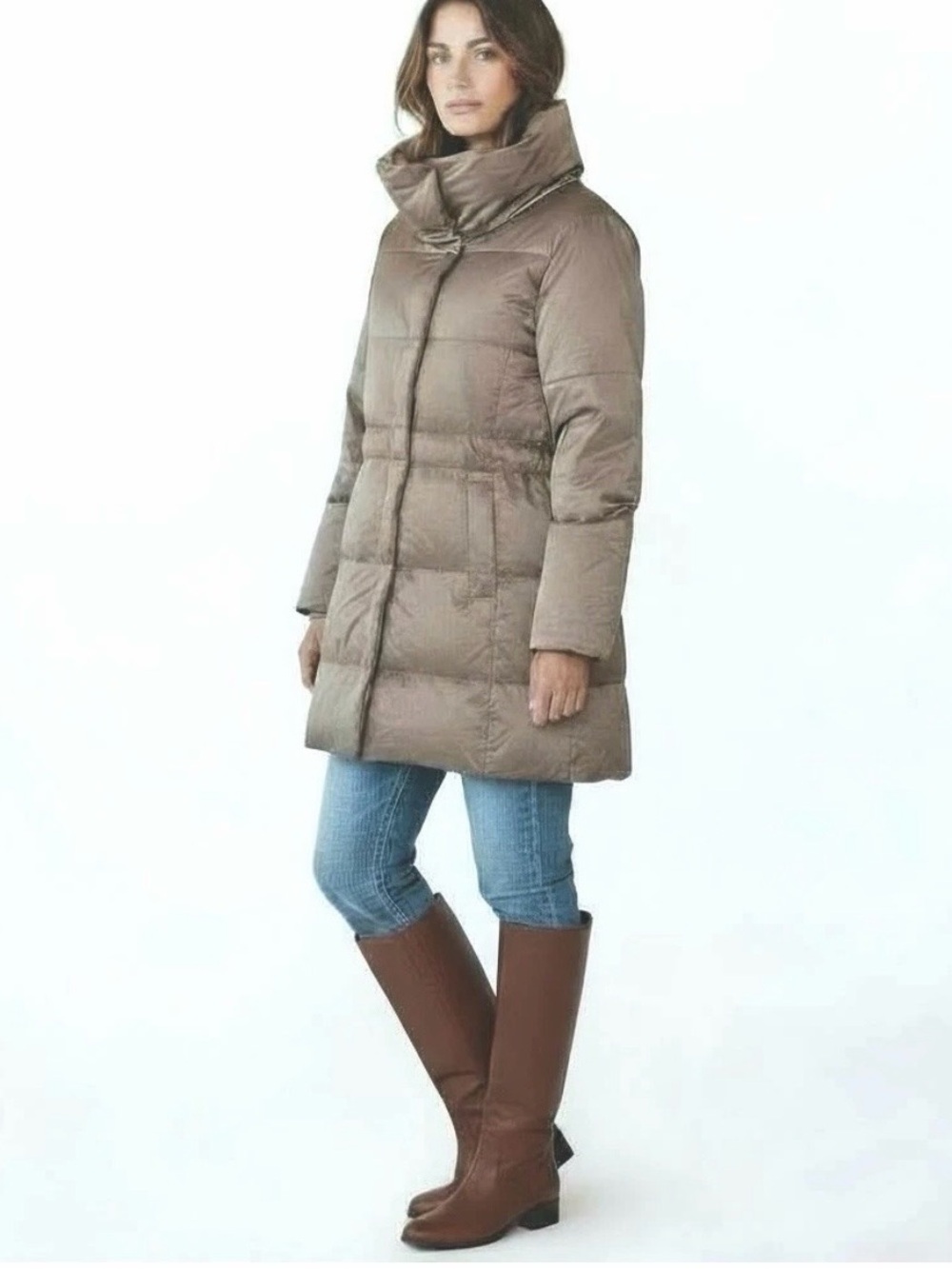 J Jill taupe puffer down fill adjust waist straps parka